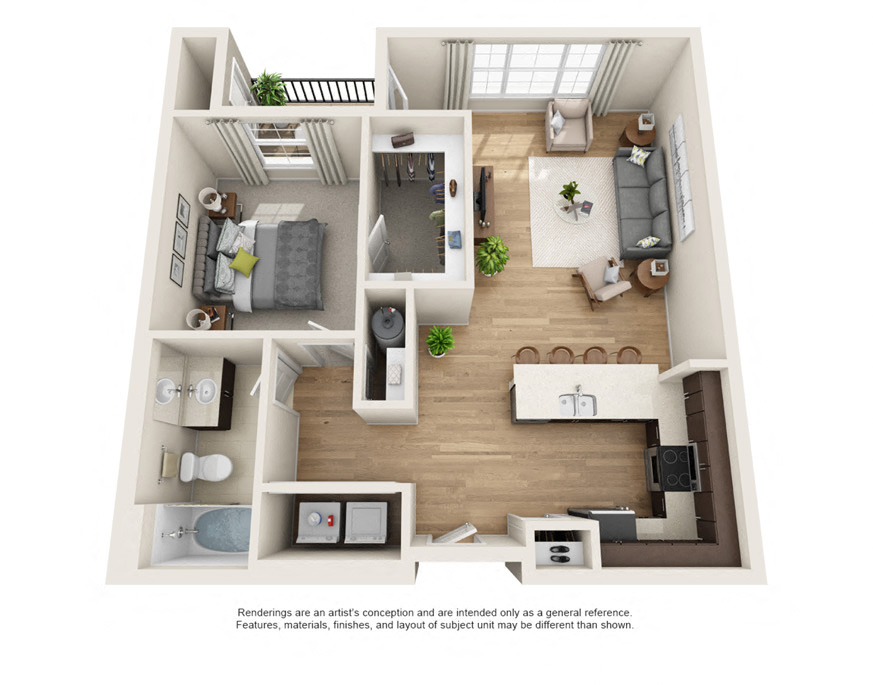 Floor plan for 1 bed, 1 bath, 832 sqft